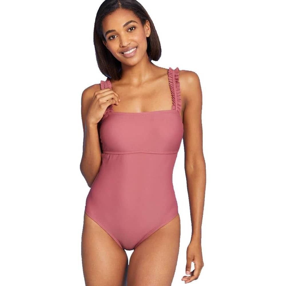 Target KonaSol mauve pink square neck ruffle strap open back one piece swimsuit